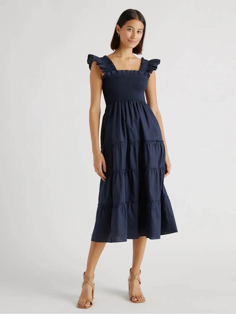 Quince 100% Organic Cotton Poplin Smocked Midi Dress - Navy